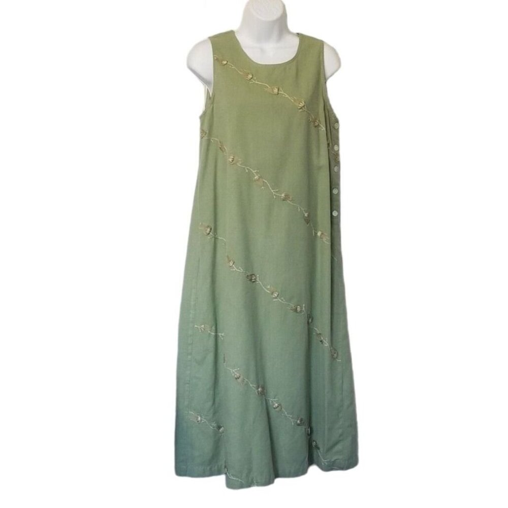Vintage 90s Dress PS Midi Cotton Green Applique Leaves Sleeveless Jumper Pinafor